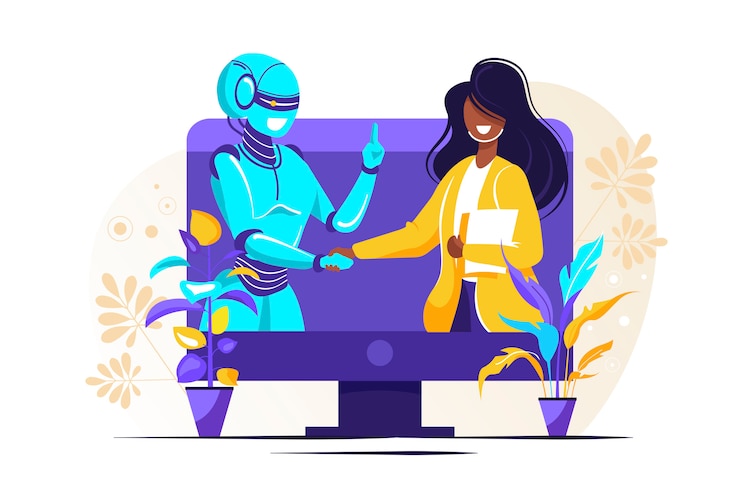 Vector human interactive tech interaction. robot human working at office