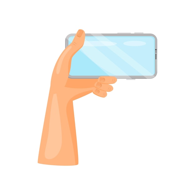 Human left hand holding mobile phone horizontally Gadget for communication Smartphone with blue touch screen Modern technology theme Vector illustration in flat style isolated on white background