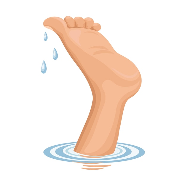 Human leg sticks out of the water and drops of water Cartoon illustration print vector