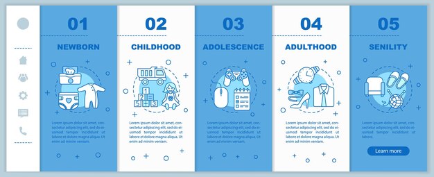 Human lifecycle onboarding mobile web pages vector template Responsive smartphone interface idea with linear illustrations Adolescence newborn webpage walkthrough step screens Color concept