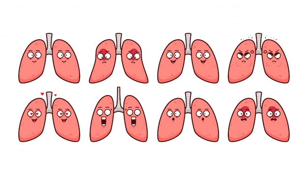 Human lung милый мультипликационный персонаж иллюстрация с выражением смайлик смайлики набор счастливый грустный злой безумный нахмурился и расстроен