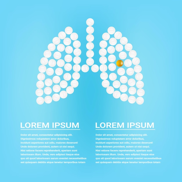 背景に分離された錠剤を持つ人間の肺錠剤によって作成された現実的な医療の概念
