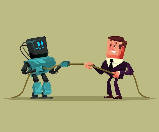 Human man office worker manager businessman vs robot artificial intelligence