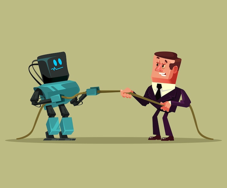 Vector human man office worker manager businessman vs robot artificial intelligence