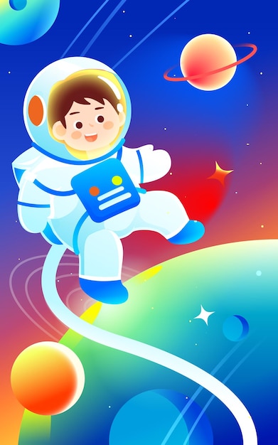 Human moon day, astronaut landing on the moon, cosmic starry sky, vector illustration