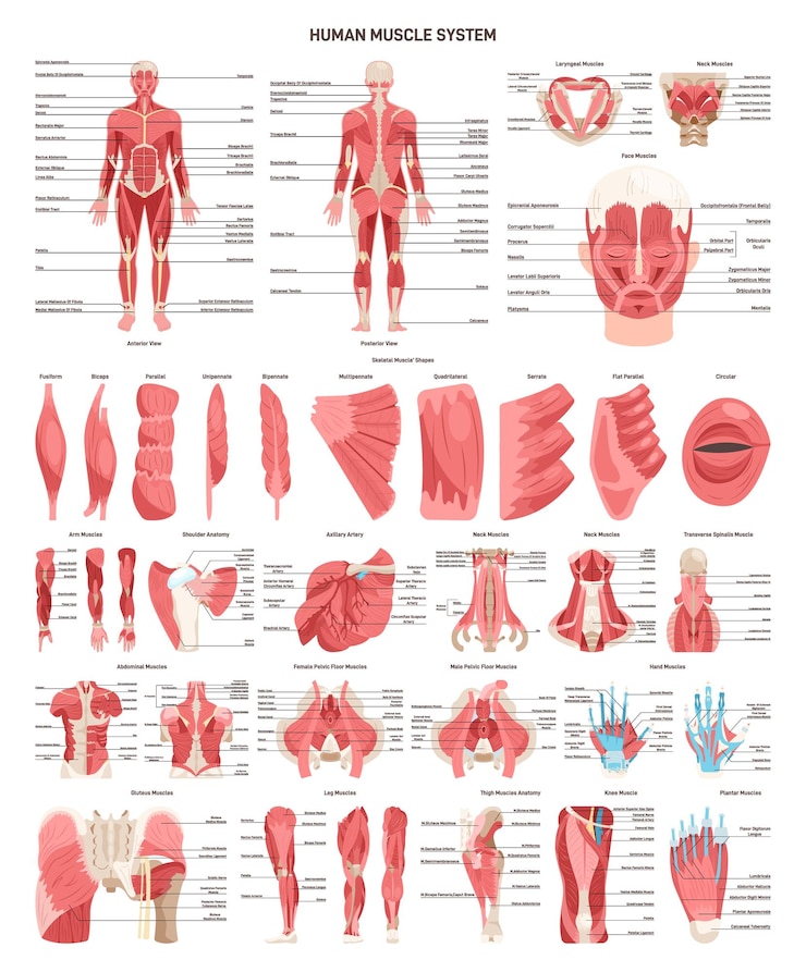 Vector 人間の筋肉系セット 正面図と背面図 平滑筋組織
