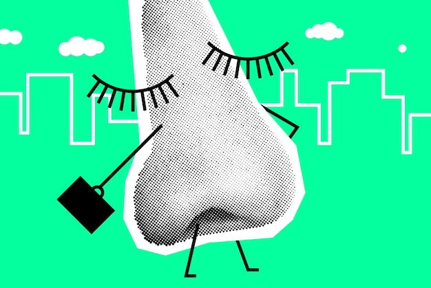 Vector human nose like worker is going to work vector collage illustration against the background of the city