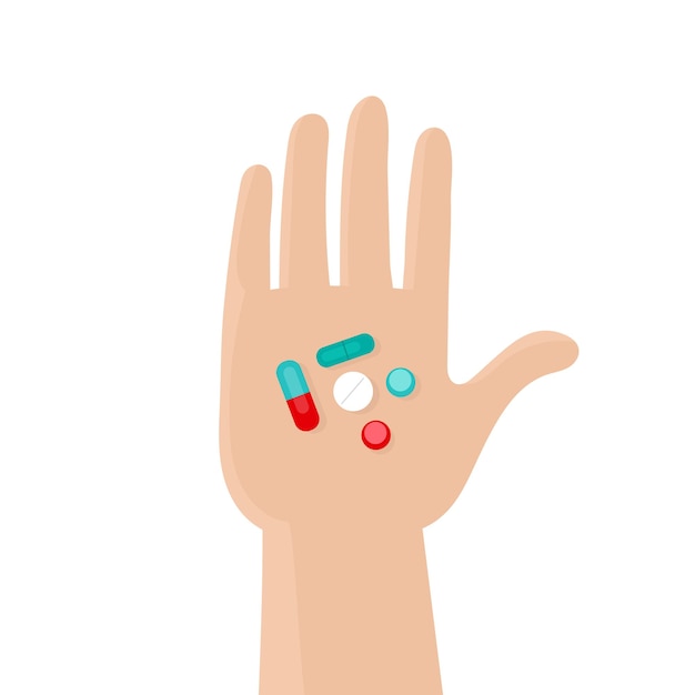 human palm with pills.medications, medications, vitamins, aspirin, painkillers.vitamins and dietary supplements.treat disease.flat vector illustration on a white background