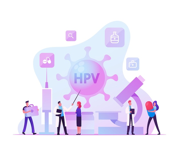 Papillomavirus umano, controllo della diagnosi del virus hpv e concetto di diagnosi precoce. cartoon illustrazione piatta