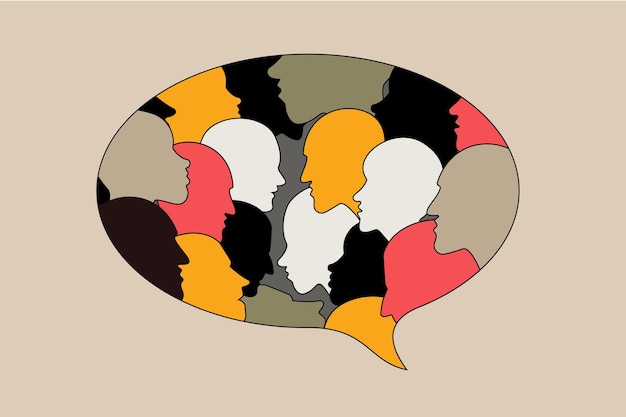 Обсуждение головы человеческого профиля в диалоговом пузыре черно-белые силуэты