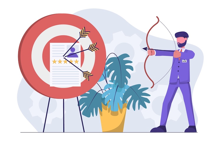 Vector human resources hr manager shoots an archery arrow at a resume