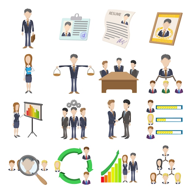 Human resources icons set in cartoon style isolated vector