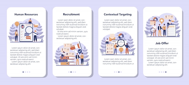 Human resources mobiele applicatie banner set. idee van rekrutering