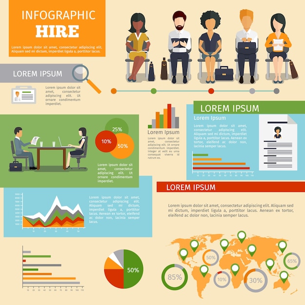 Human resources personnel recruitment infographics. Job work, interview