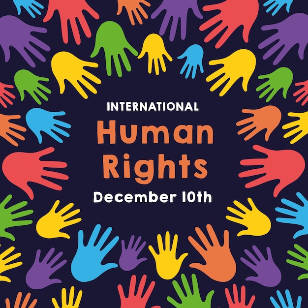 Human rights campaign lettering with hands print colors around pattern vector illustration design