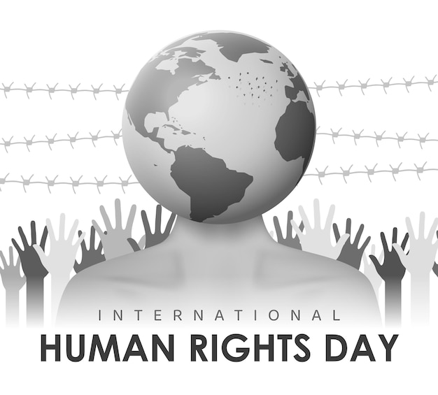 human rights day vector black and white illustration with globe hands and barbed wire