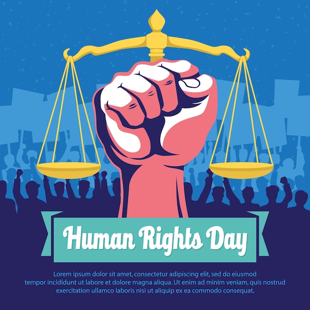 Вектор День прав человека с юридическими весами и сжатыми кулаками