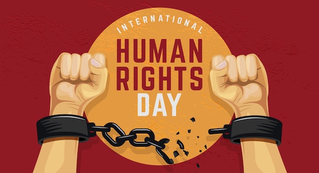 human rights day with raised hands breaking the chain