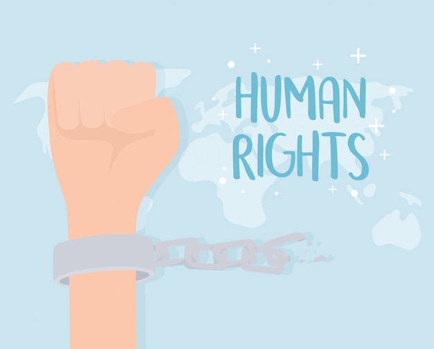 human rights, hand with handcuffs and chain world vector illustration