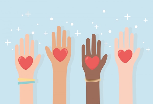 Human rights, raised hands diversity with hearts love vector illustration