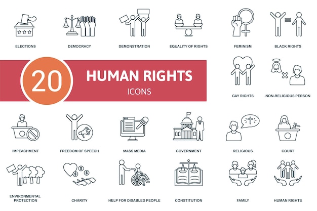 Human rights set icon contains human rights illustrations such as democracy equality of rights black rights and more