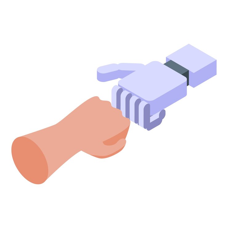 Vector human and robot hand shaking showing support for artificial intelligence