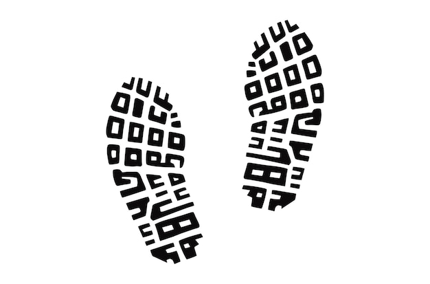 Vector human shoe footprints pair of prints of sneakers or boots left and right leg shoe sole walking foot steps black and white vector isolated on white icon symbol pictogram design element