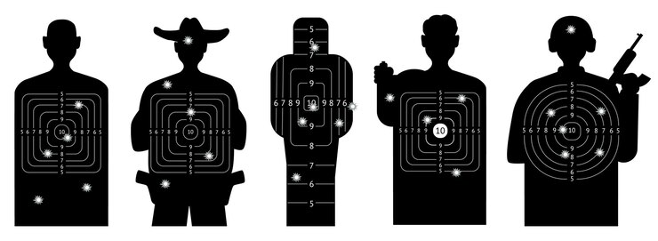 Vector human silhouettes for shooting range with bullets marks male bodies precision marking crosshair targets people black shapes shooters competition score snipers goals vector set