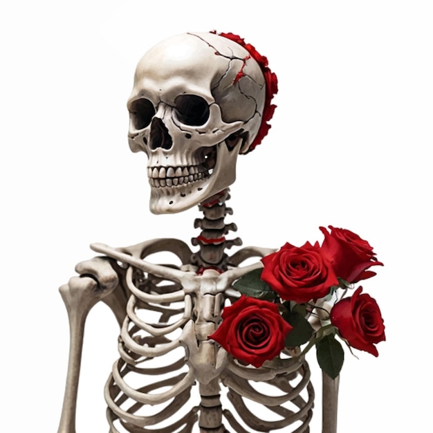 Человеческий скелет, украшенный красной розой, символизирующей двойственность жизни и смерти.
