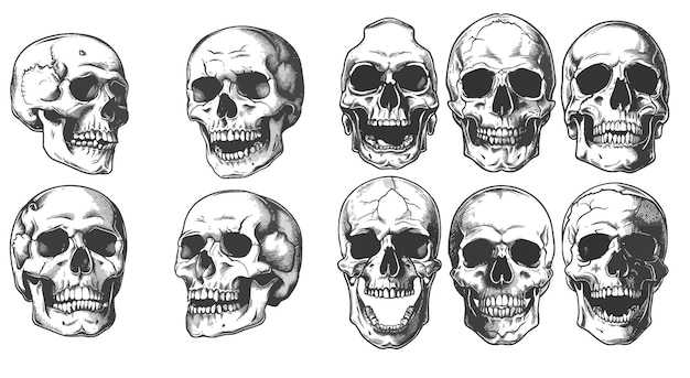 Human skeleton dead head halloween engraving vector set