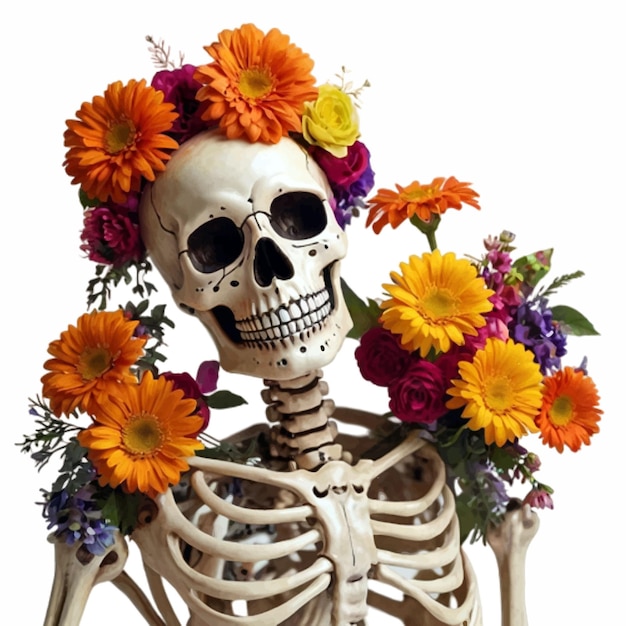 Human skeleton decorated with natural flower symbolizing the duality of life and death