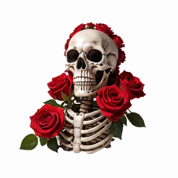 Человеческий скелет, украшенный красной розой, символизирующей двойственность жизни и смерти.