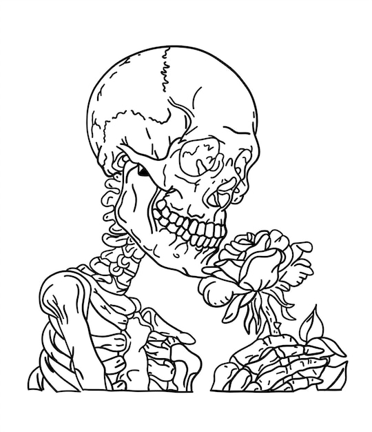 Human skeleton standing with flowers isolated over white background Hand drawn vector drawing