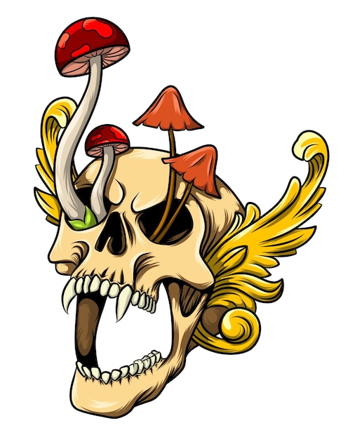 Человеческий череп и барокко с грибами для дизайна татуировки иллюстрации