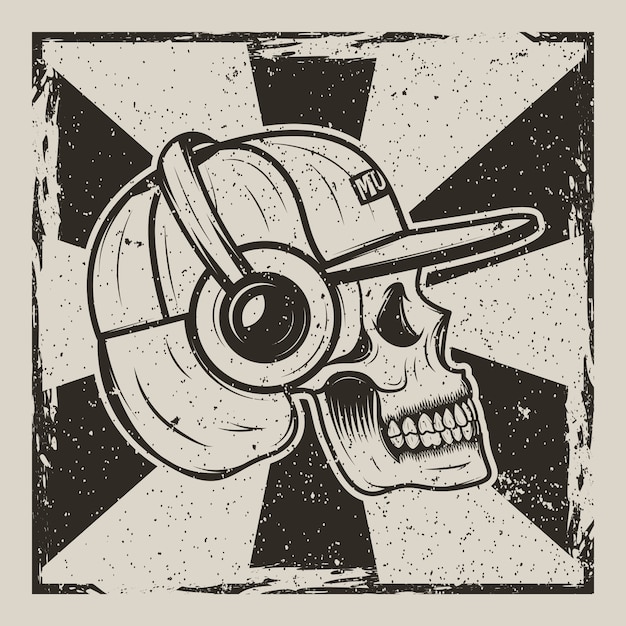 human skull in cap and with headphones listening to music