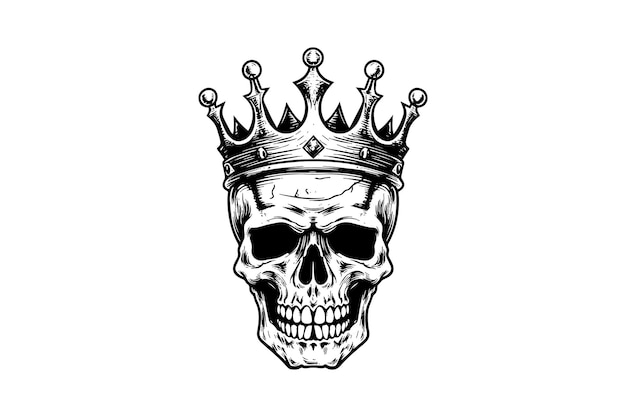 Human skull in a crown in woodcut style vector engraving sketch illustration for tattoo and print d