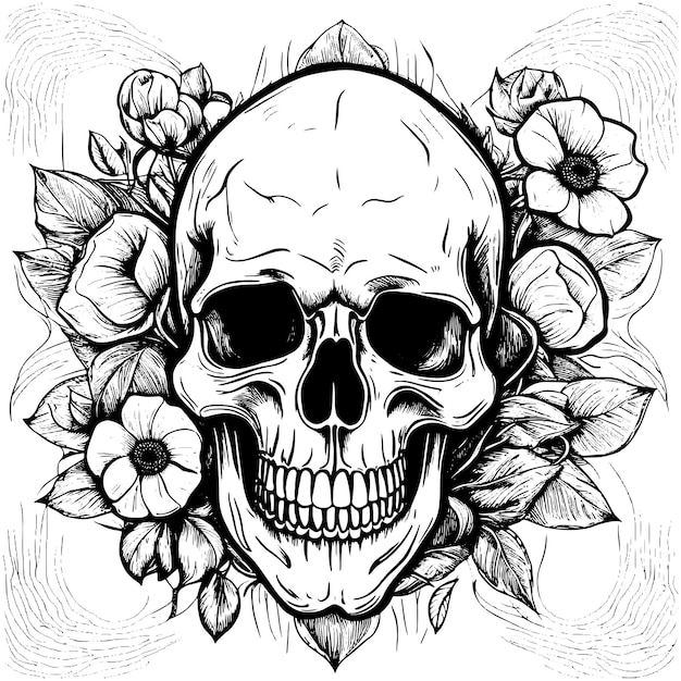 Human skull in flowers sketch hand drawn in engraved style Vector illustration For banners advertisements posters backgrounds invitations