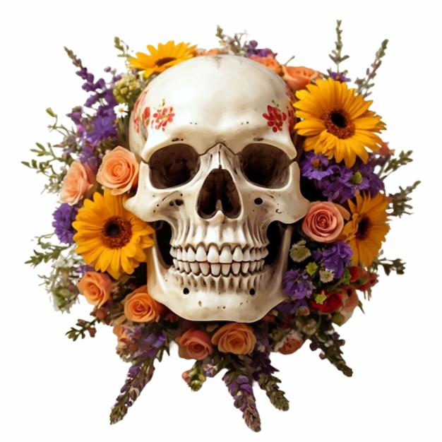 Human skull framed with flower symbolizing the duality of life and death vector illustration