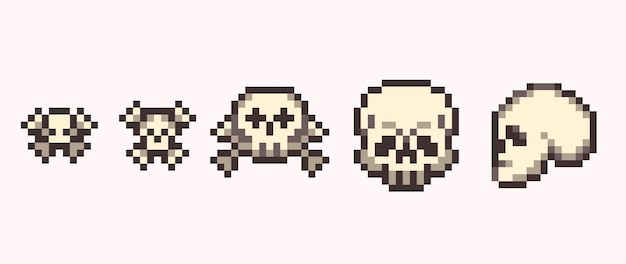 Human skull pixel art set. pirate, horror symbols collection. head bones. 8 bit sprite.