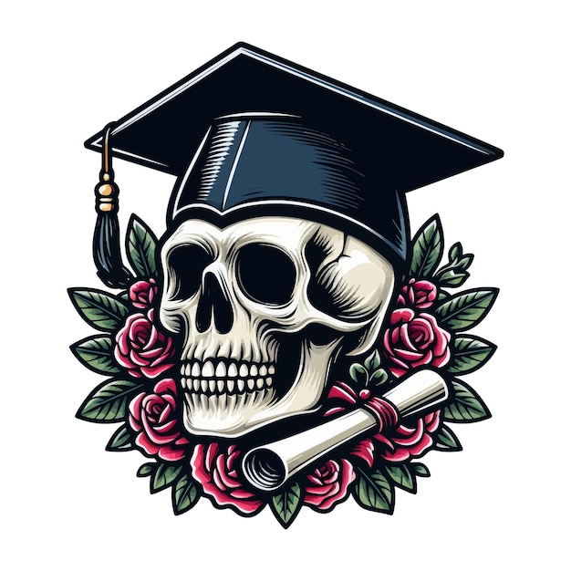 Vector human skull wearing graduation cap holding diploma in skeletal hand