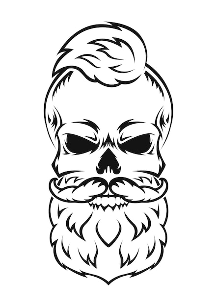 Human skull with beard and mustache black silhouette design element hand drawn sketch vintage style