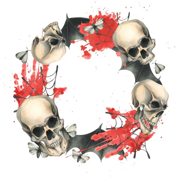 Human skull with black bat wings with a bloodstain cobwebs and night moths for the holiday of Death Day and Halloween Watercolor illustration hand drawn Circle frame wreath on a white background