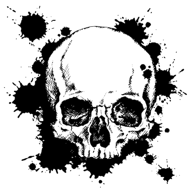 Vector human skull with black ink blots