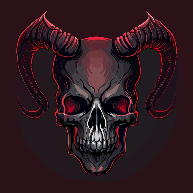 Вектор Человеческий череп с рогами демона сатанинский ритуальный плоский дизайн