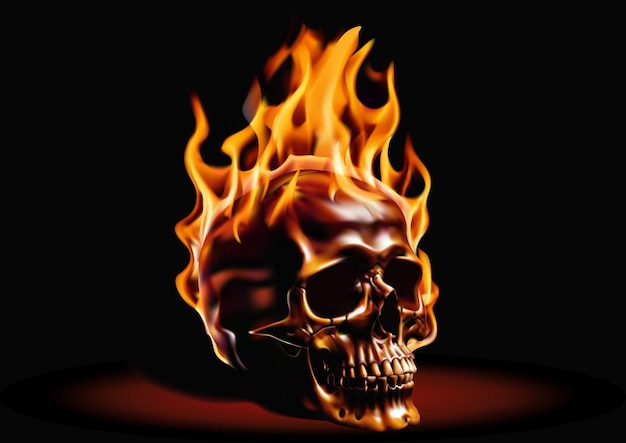 Vector human skull with fiery flames