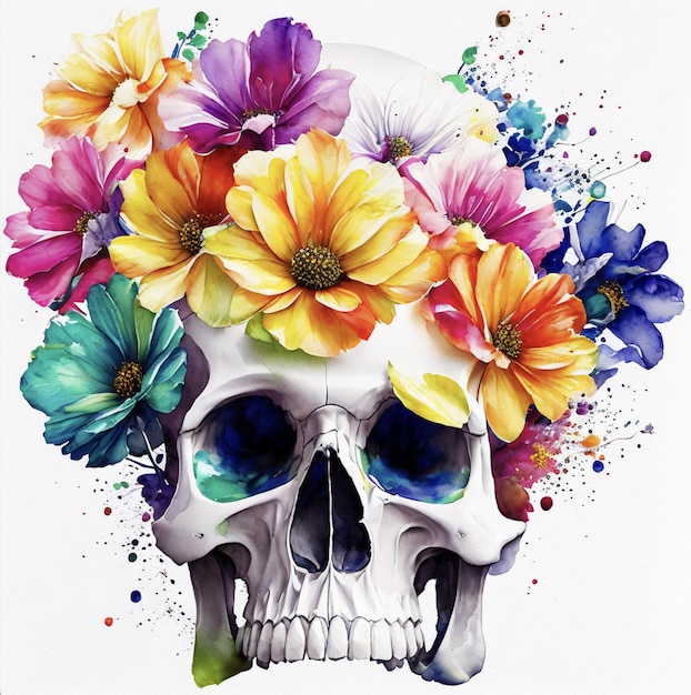 Human skull with flowers halloween ai generate