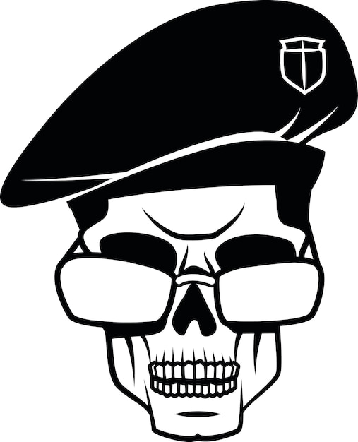 軍の帽子と透明な背景に分離されたサングラスと人間の頭蓋骨