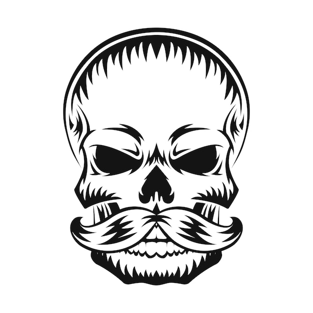 Vector human skull with mustache. black silhouette.