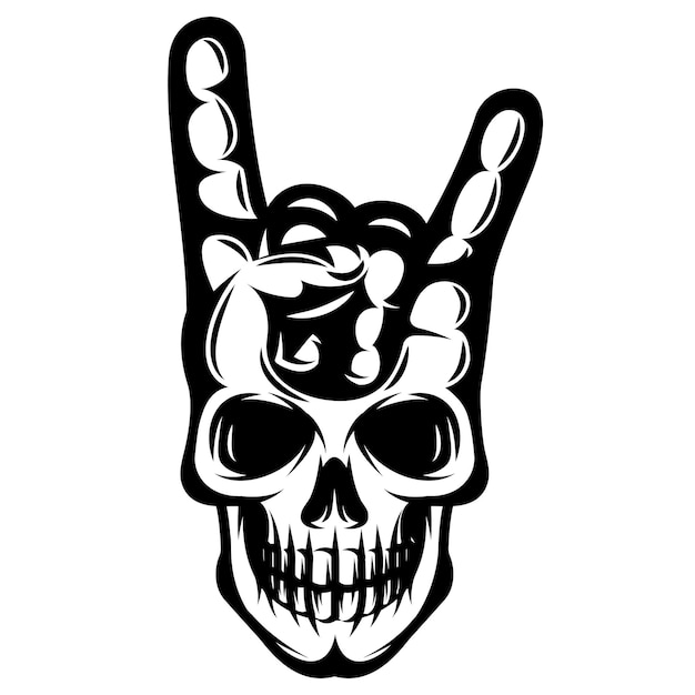 Human skull with rocker gesture from above Vector monochrome illustration Element for design