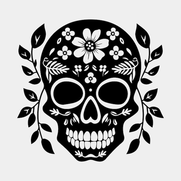 Human skull with roses black and white vector illustration